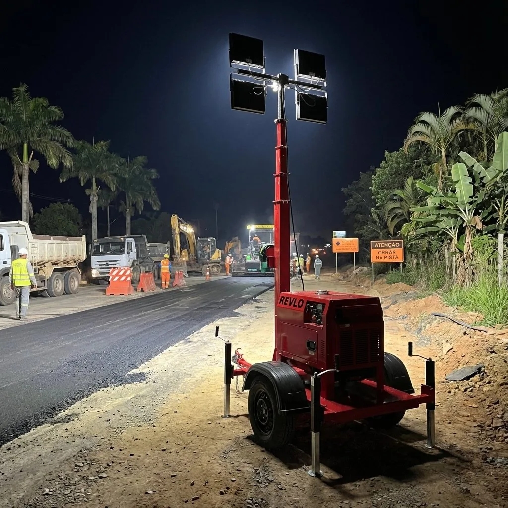 Torre de iluminação Revlo em obra de pavimentação noturna