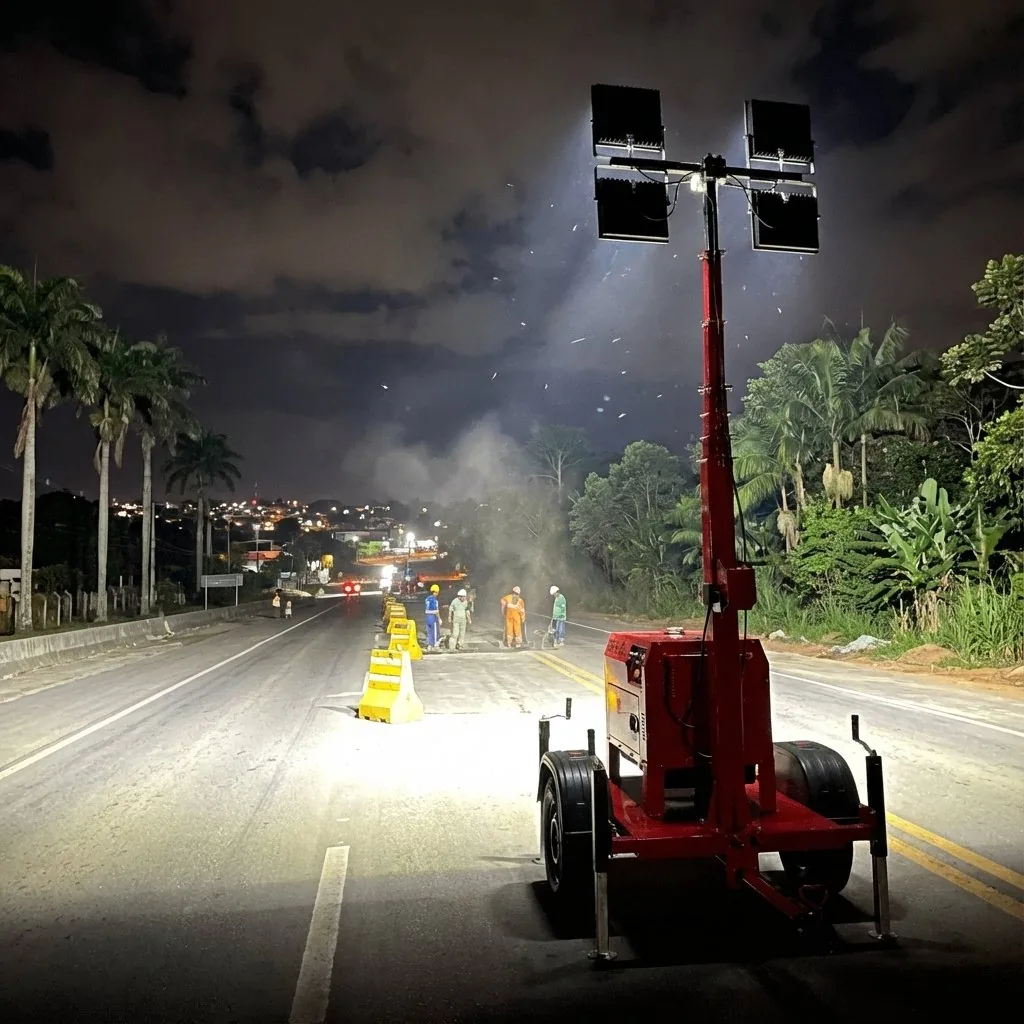 Torre de iluminação Revlo iluminando trecho de rodovia durante a noite