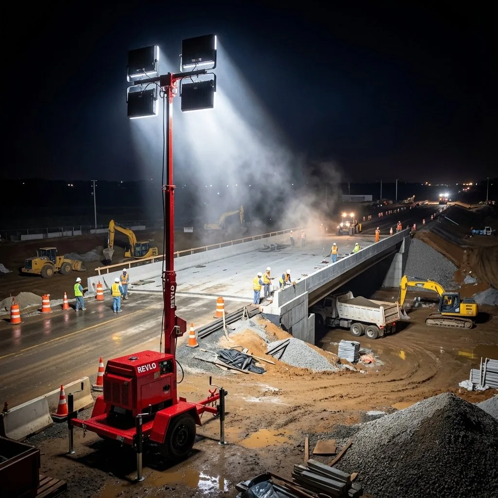 Torre de iluminação Revlo em obra de viaduto durante a noite